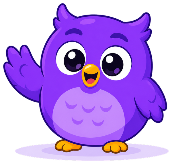 Nupo, a friendly purple owl, waving hello